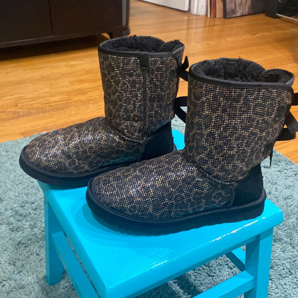 UGG Bailey bow glitter cheetah black boots